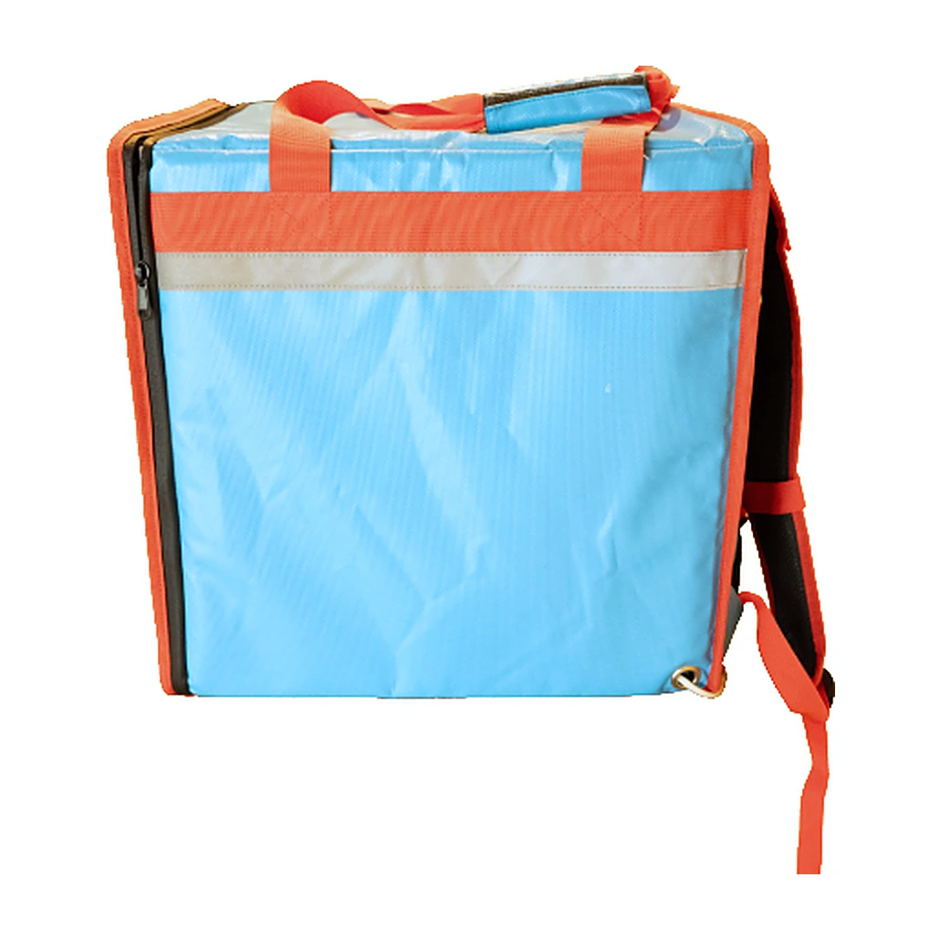 Heated delivery backpack, front three-quarter view